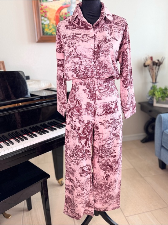 Pants - Women's Pink Toile Wide-Leg Jumpsuit